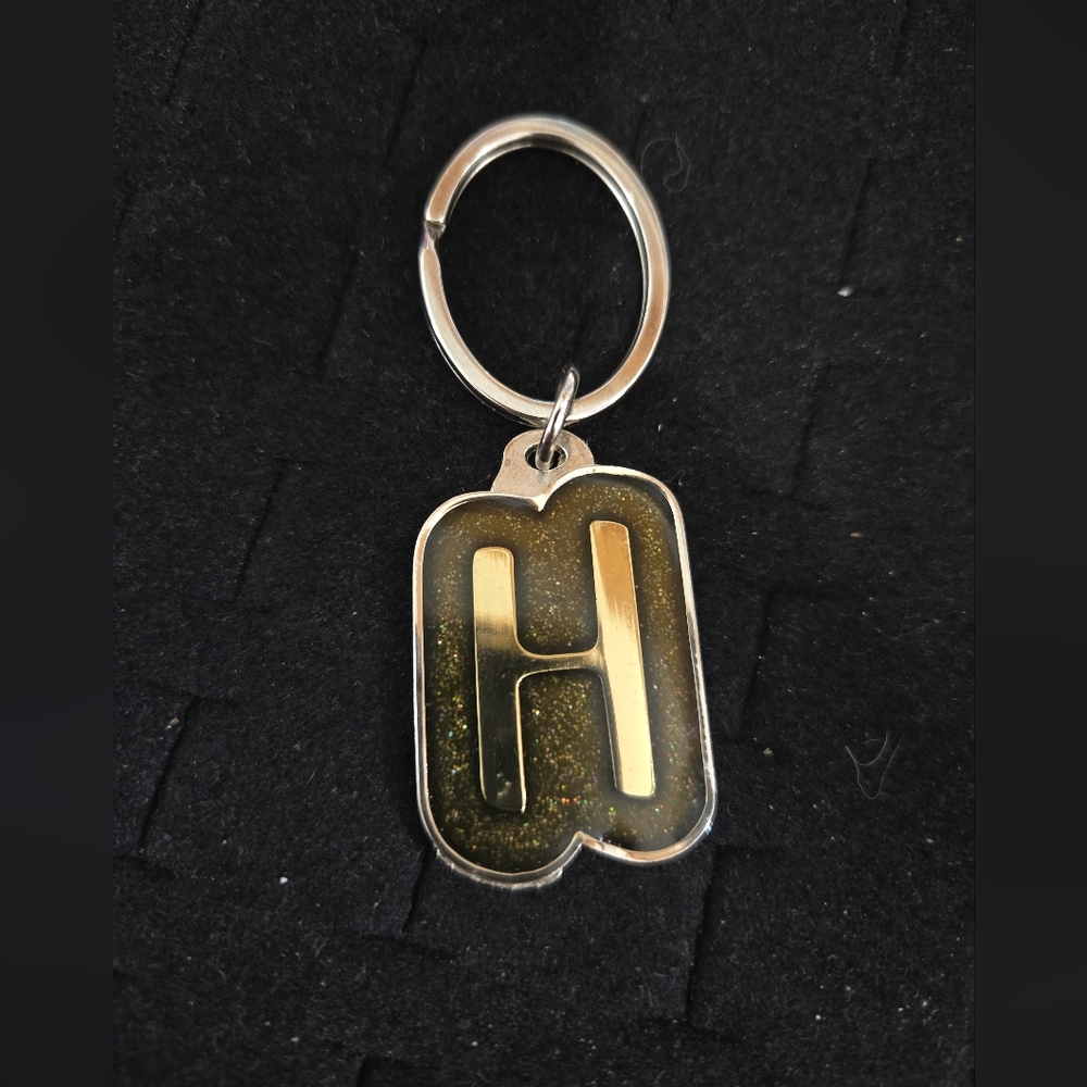 VINTAGE SWIBCO LETTER H BLACK GLITTER ENAMEL KEYCHAIN